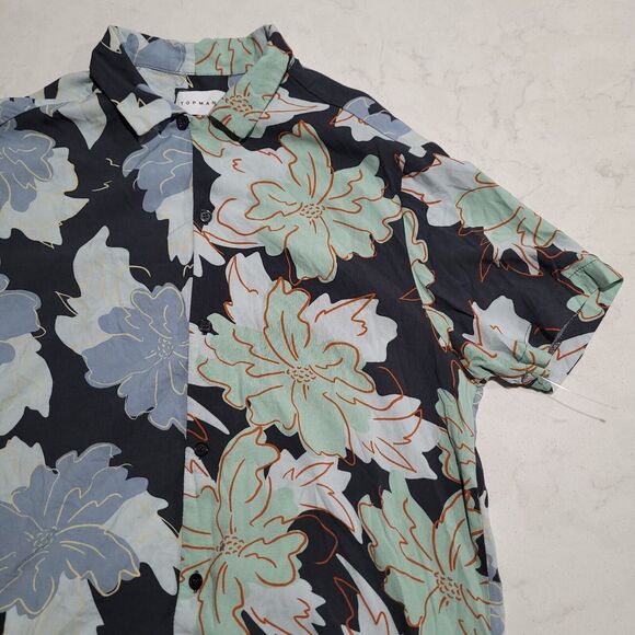 Topman Spliced Floral Hibiscus Viscose Green & BLUE Tropical Hawaiian Shirt NWOT - Picture 1 of 10